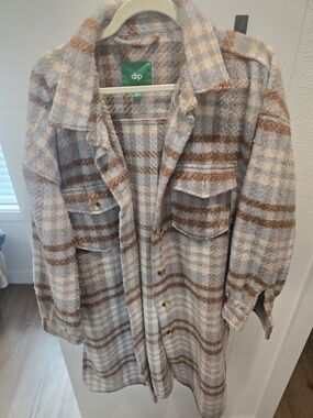dip Plaid Utility Shacket in Beige and Brown